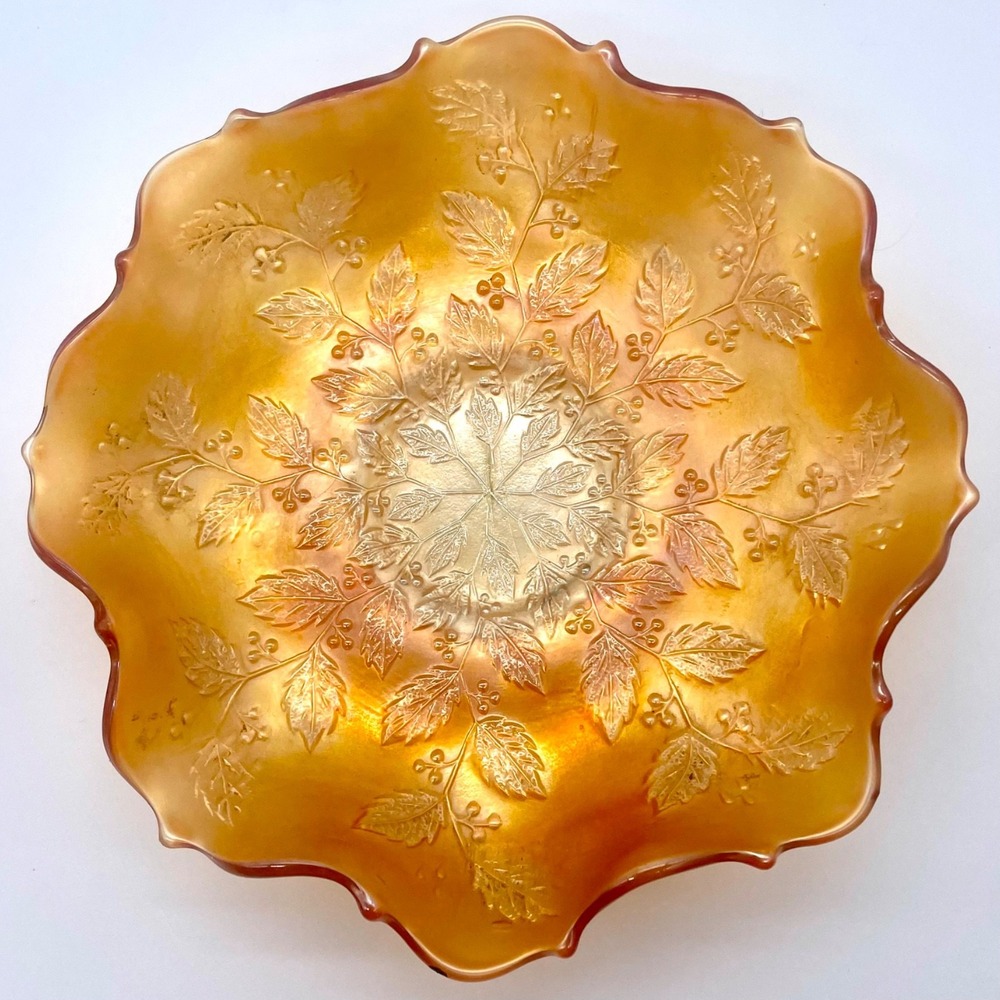 Fenton Carnival‎ Glass Bowl 9" Marigold Holly Berries Ruffled Edge Iridescent